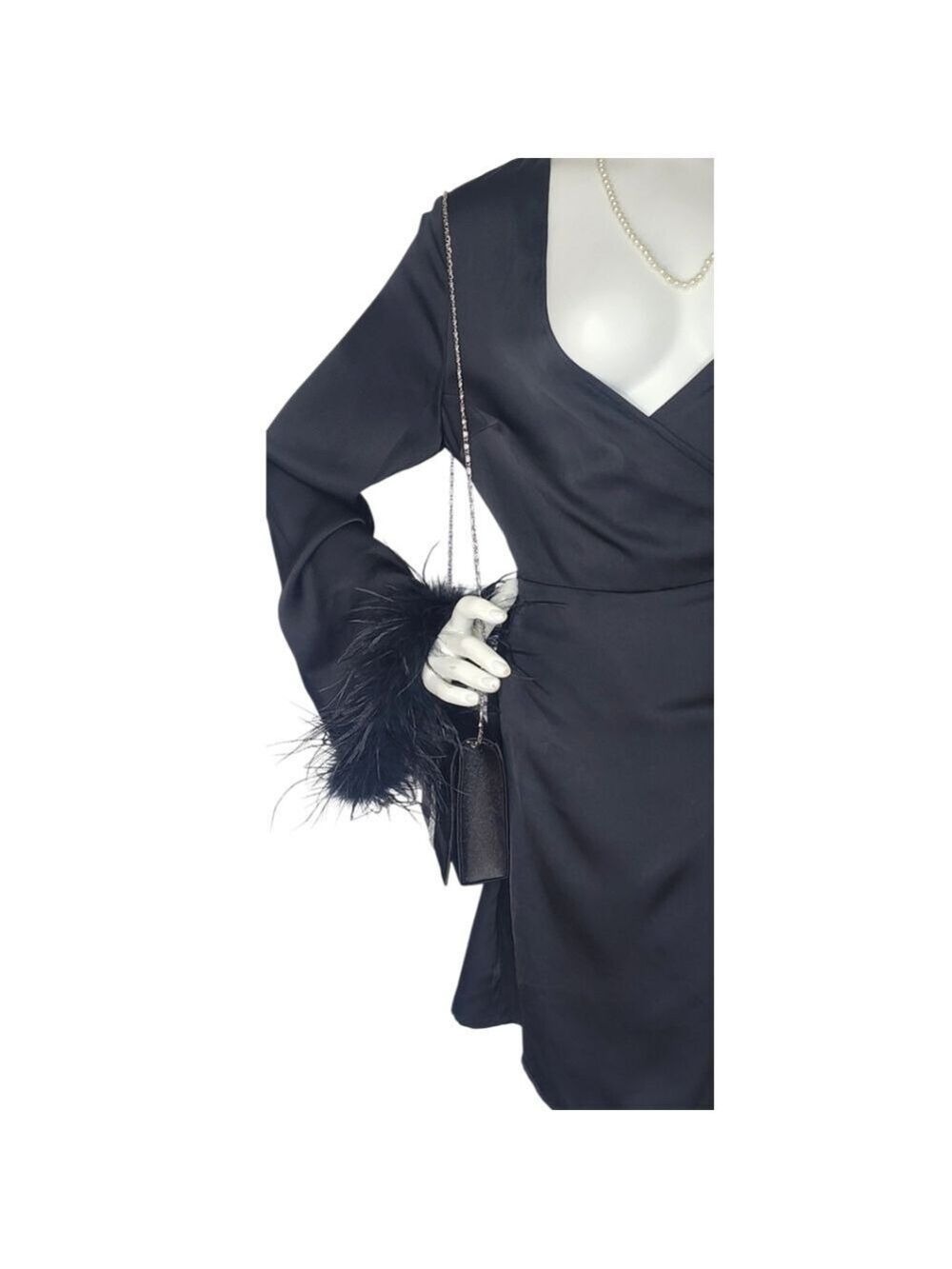Black Satin Feather Wrap Mini Dress Glamorous Medium | Night Out Luxe NWT - Picture 2 of 7